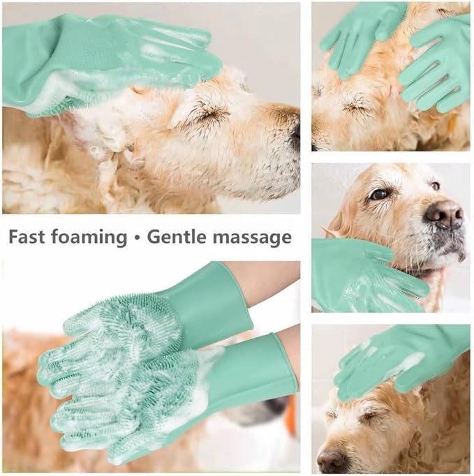 PETLUXE, Pet Grooming Gloves for Dogs & Cats, Silicone Deshedding Brush, Gentle Fur Remover, Bathing & Massage Gloves. 3 Colors Variation (Green)