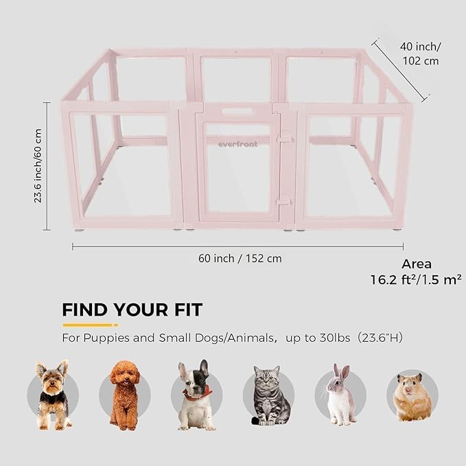 EVERFRONT Clear Acrylic Dog Playpen - Clear Dog Play Pen - Easy Assemble Acrylic Dog Playpen - Puppy Playpen, Cat Playpen, Small Animal Playpen, Dog Play Pen Indoors