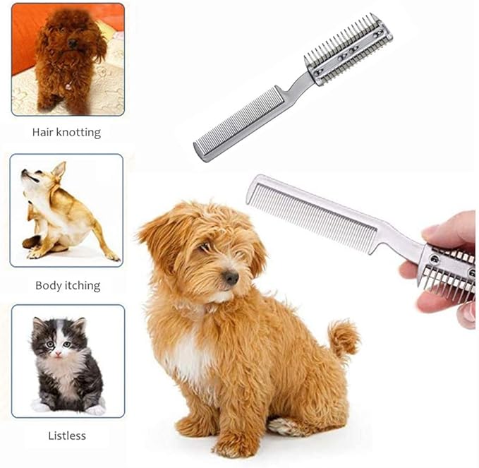 2Pcs Razor Comb for Dogs Cats with Extra Blades Double Sides Pet Razor Comb Trimming & Grooming Hair Cutter Comb Trimmer Grooming Comb for Dog Cat (Silver)