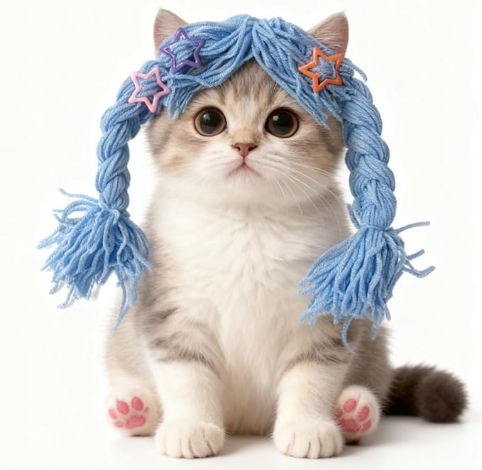 Cat Wig for Small Dogs & Pets, Cute Braided Yarn Costume, Funny Birthday Outfit Clothes, Soft Lightweight Accessory for Photos, Party Props and Daily Wear (Blue)