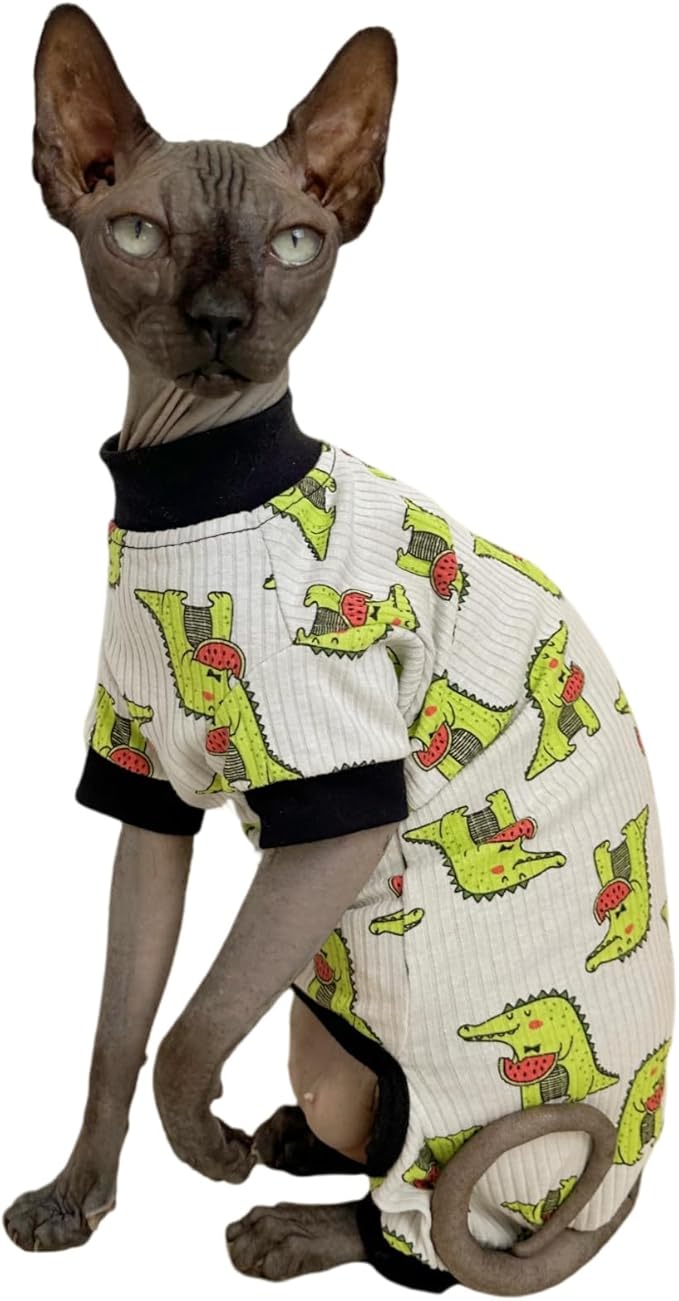 Sphynx Cat Four Leg Cotton Pajamas Elastic Pet Clothes for Hairless Cats Surgery Recovery Suit Undershirt Clothes for Sphynx, Devon, Cornish (Crocodile, S)