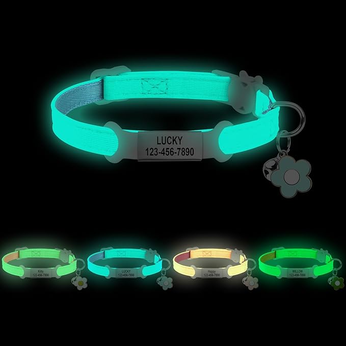 Personalised Glow in the Dark Cat Collar with Bell, Adjustable Breakaway Safety Luminous Collar with Stainless Steel Name Tag Fluorescent Glow (Grow in the Dark)