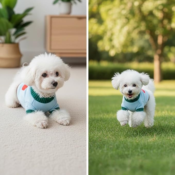 Winter Pet Knit Sweater - Light Blue with Red Fruit Print, Cozy Dog Cat Clothing, XS/S/M/L/XL Sizes (Large)