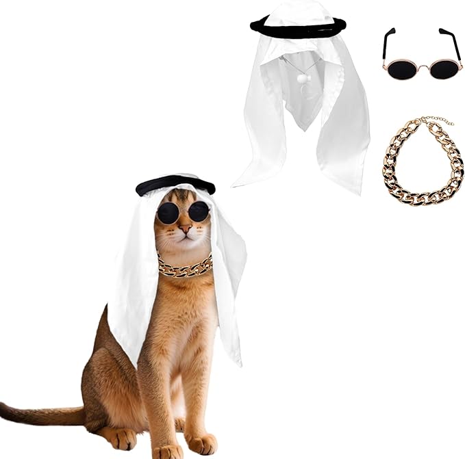 4PCS Small Pet Cosplay Clothing Set Cat Costume Bandana Pet Head Wrap Photo Prop Headwear with Necklace and Glasses