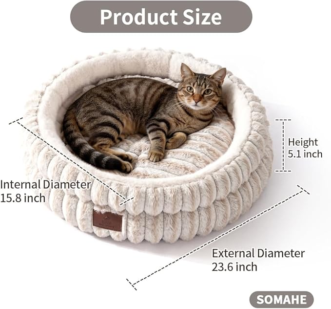 SOMAHE Cat Bed, Round Plush Faux Fur Donut Cuddler – Machine Washable Calming Cat Bed for Indoor Cats & Kittens, Removable Cushion Non-Slip Fluffy Kitten Bed, Cozy Small Cat Nest, 20" Inch White