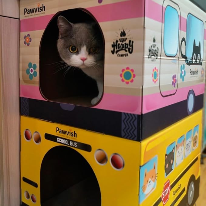 School Bus Cardboard Cat House and Scratcher, Play House, Scratching Pad, Corrugated Hideaway Cave, Cute Kitty Condos Box, Bed for Indoor Cats, Kittens, Bunny, Fur Babies