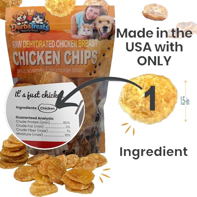 Chicken Chips for Dogs - Raw Dehydrated, Single Ingredient, Healthy Snacks, 1.5" Size, High-Protein, Low-Fat Ideal for Mess-Free Training Easily Broken Into Small Pieces (5 Ounce, Chicken Breast)