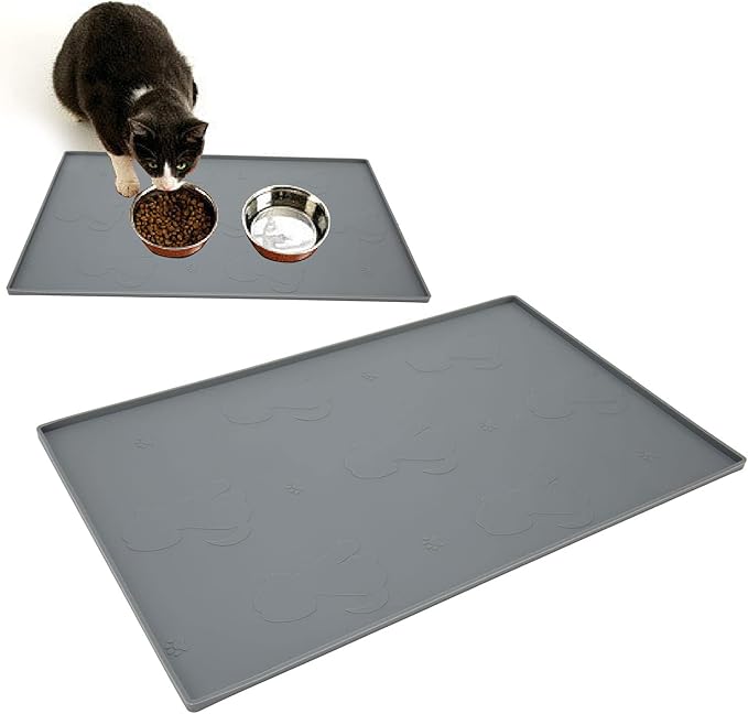 Dog Feeding Mat, Waterproofed Cat Food Mats, Anti Slip Silicone Cat Dog Food Mat for Messy Drinkers to Protect Floors (Gray)
