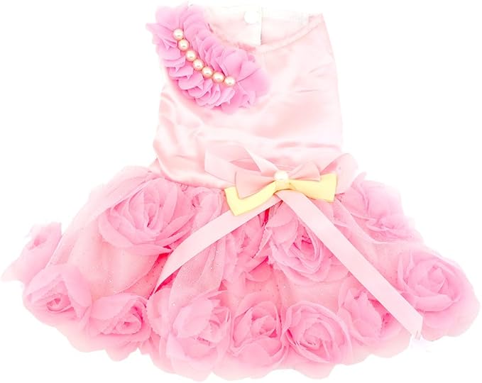SMALLLEE_LUCKY_STORE Pet Small Dog Wedding Dress with Bowknot Birthday Party Costume Satin Rose Pearls Girl Formal Dress Cat Tutu Pink XXL