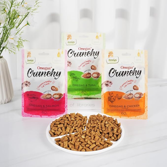 Faywell Omegas Crunchy Cat Chew Treat, Vitamins & Minerals Enriched, Kitty Snack 60g (60g X 3, Salmon Tuna Chicken)