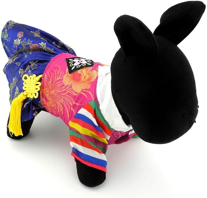 Ethnic Dog Costume Korean Traditional Knot Pendant Norigae Hanbok Embroidery Silk Pet Clothes Outfit Color Dress for Small Puppies Large Cat Apparel Birthday Party Festival Celebration Girl XS