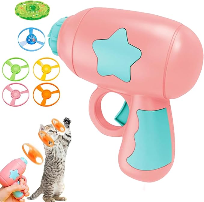 Bamboo Dragonfly Catapult Pistol, Bamboo Dragonfly Catapult Launcher, Flying Disc Launcher Toy with LED Glow, Interactive Play for Cats & Outdoor Fun, Exercise & Night Activity (Pink)