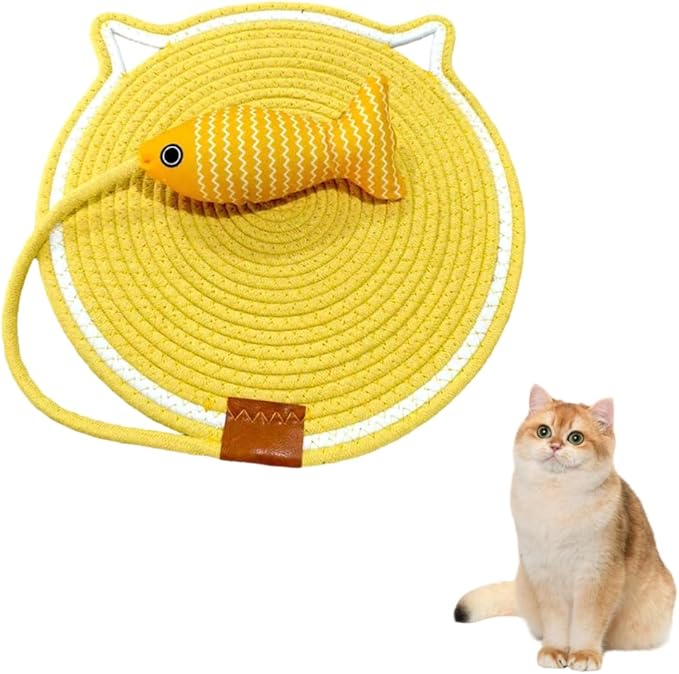 Cat Scratcher Mat Cotton Rope, Round Woven Scratch Pad with Fish Toy, Wear-Resistant Cat Bed Mat with Hanging Loop for Sleeping Scratching Furniture Protects