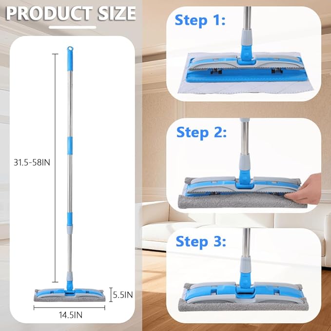 Electrostatic Dust Clip-On Mop for Pet Hair, 57" Adjustable Long Handle, 360° Rotating Head, 2 Reusable Static Cloths, 2 Microfiber Cloths & 1 Scraper, Ideal for Pet Loose Hair & Daily Dust Cleaning