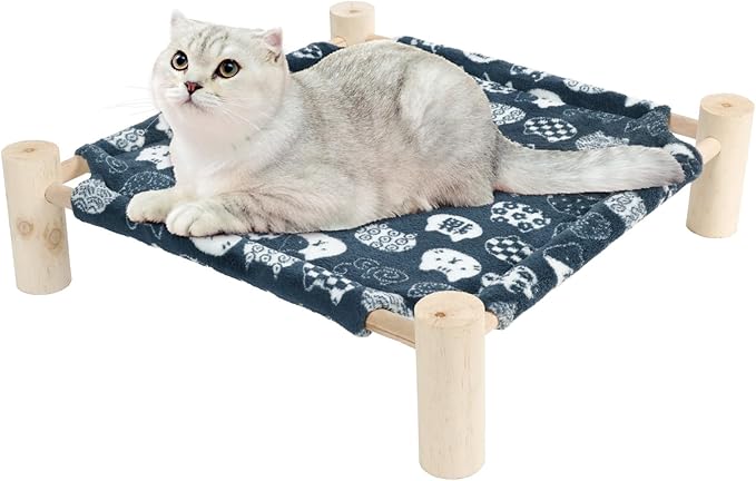 Patas Lague Cat and Dog Hammock Bed for Small Dogs, Brethable Wooden Cat Pet Rabbit Elevated Bed Cots Furniture for All Seasons Fleece Navy Blue