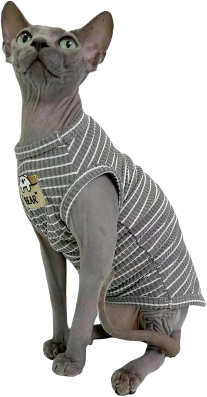 Sphynx Cat Clothes Vest for Hairless Cat, Rib Knit Stripe Cats T-Shirt Apparel, Kitten Summer Cotton Shirts Sleeveless for Cornish Rex, Devon Rex, Peterbald (Grey, XL (10-14 lbs))