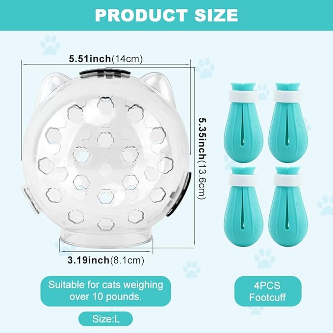 Cat Muzzle for Grooming, Transparent Cat Helmet with 4 Silicone Claw Covers, Adjustable Breathable Kitty Hood Anti Bite Bubble Astronaut Groomin Mask for Pet Bath Nail Trimming,L