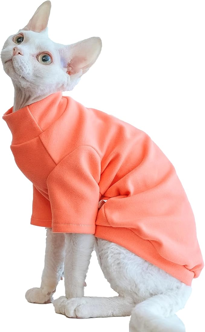 Sphynx Cats Warm Fleece Shirt Cat Turtleneck Undershirt Thermal Hairless Cat Clothes for Sphynx, Devon, Cornish Cat Clothes and Small Kitten and Dogs (Solid Orange, Small)
