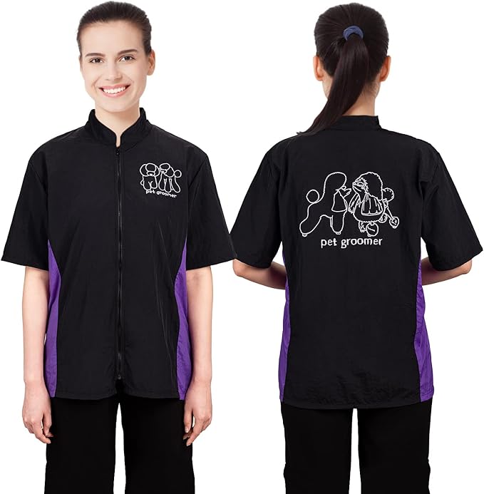 Noverlife Pet Grooming Workwear with Full Zipper, M Size, Anti-Static Pet Beautician Uniforms, Lightweight Hair Repellent Shirt Style Pet Groomer Smock for Dog Cat Grooming Shop