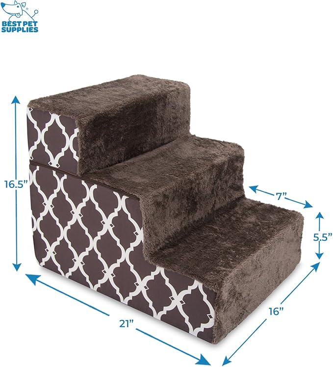 Best Pet Supplies Dog Stairs & Steps - Foam Steps for Small Dogs & Cats, Non-Slip Indoor Balanced Pet Step Support, Dog Ramp, No Assembly, Brown Lattice Print, Foldable 3-Step (16.5-inch Height)