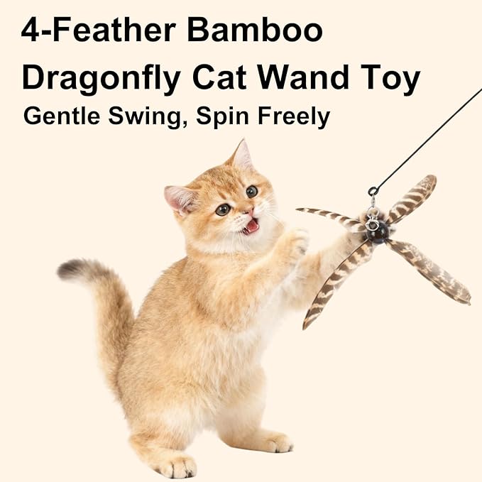 Cat Wand Toys Interactive for Indoor Cats, 4PC 4-Blade Feather Propeller Refills, 1PC Cat Wand (Wild-Style Brown)