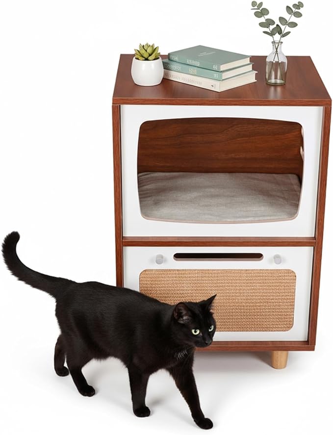 2-in-1 Wood Cat House & Side Table with Scratching Board - Retro TV Style Multi-Level Cat Bed and Furniture for Indoor Cats, Functional Home Decor for Living Room & Bedroom