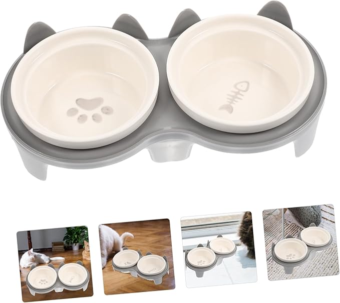 Ceramic Elevated Cat Bowl with Thick Gray Non-Slip Stand Angled Dual Feeding and Watering Bowls for Indoor Pets Smooth Surface Pet Feeding Accessory