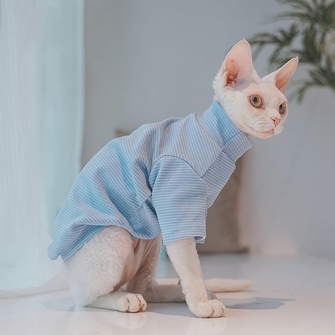 Sphynx Cats Warm Fleece Shirt Cat Turtleneck Undershirt Thermal Hairless Cat Clothes for Sphynx, Devon, Cornish Cat Clothes and Small Kitten and Dogs (Blue Pinstripe, Small)