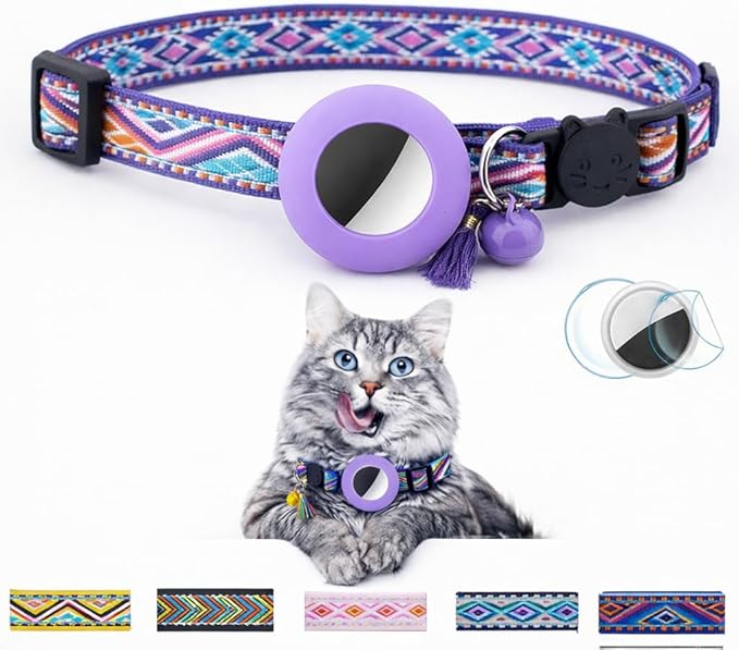 Cat Collar with AirTag Holder – Breakaway Lightweight Woven Cat Collar, Adjustable with Bell for Cats & Kittens (Twilight Calm Set) | Amazegoods