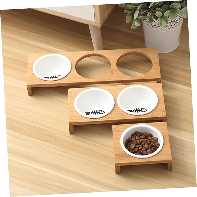 Elevated Frame Cat Food Bowl Set with 3 Ceramic Bowls for Cats and Dogs Multi-Function Pet Feeding and Watering Dish Wear-Resistant for Indoor and Outdoor Use