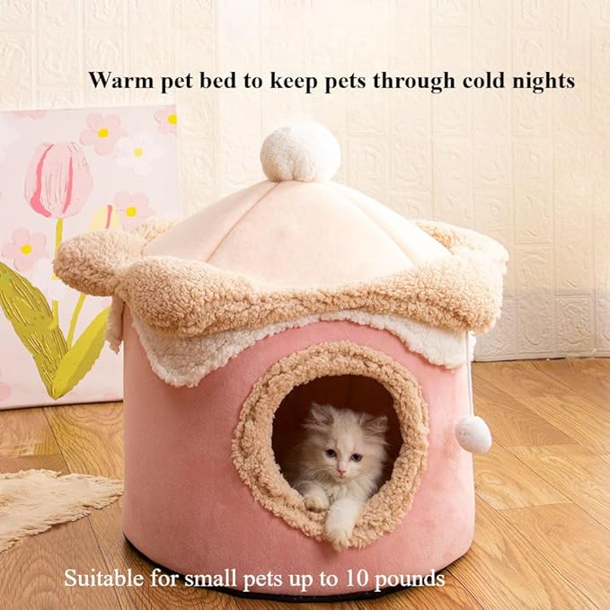 Cozy Princess-Themed Pet House for Cats & Dogs - Warm Polyester Easy Assembly Perfect for Fall/Winter Warm Cat Bed(Pink,15.7''X15.7''X15.7'')