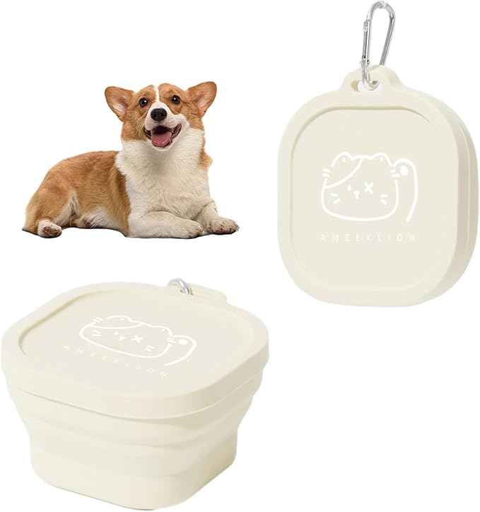Foldable Pet Bowl Collapsible Dog Cat Bowls with Carabiners for Travel Portable Food Water Feeder for Hiking Park White One Size
