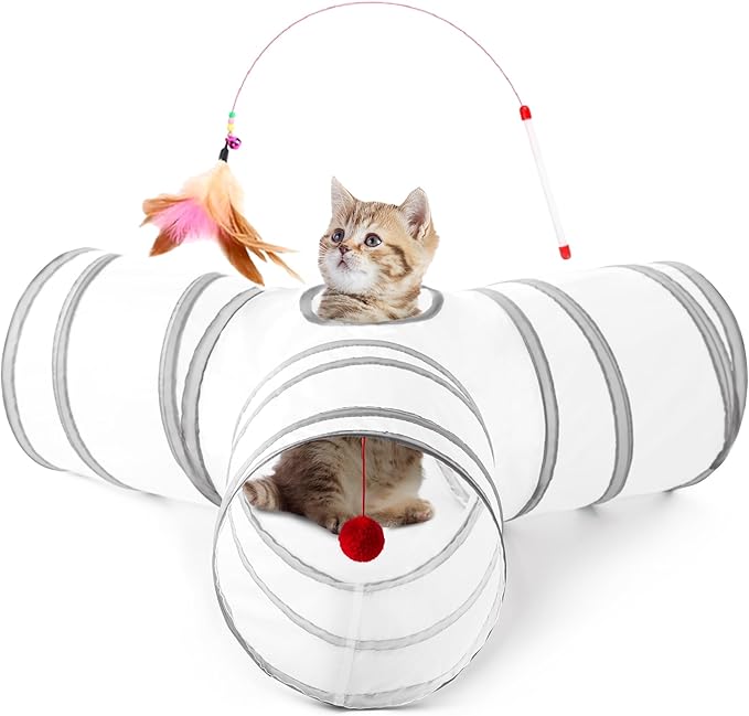 Tempcore Cat Tunnel for Indoor Cats, 3-Way Collapsible Play Tunnel with Teaser Wand, Peek Holes & Toy Ball, Small Pet Toy for Kittens & Rabbits, White & Light Grey