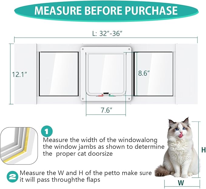 Aluminum Cat Door for Windows - Adjustable to Fit Window Width 32"-36", Quick-Fit Cat Door Window Insert, Magnetic Suction Design, Perfect for Cats