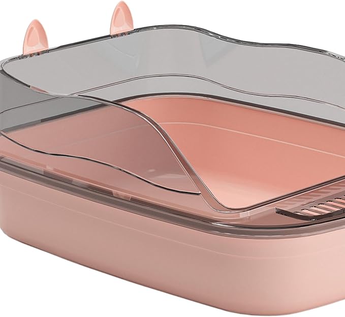 Large Open Cat Litter Box Cartoon Design, Heightened Splashproof Cat Sandbox Kitty Litter Pan Toilet Tray- Pink