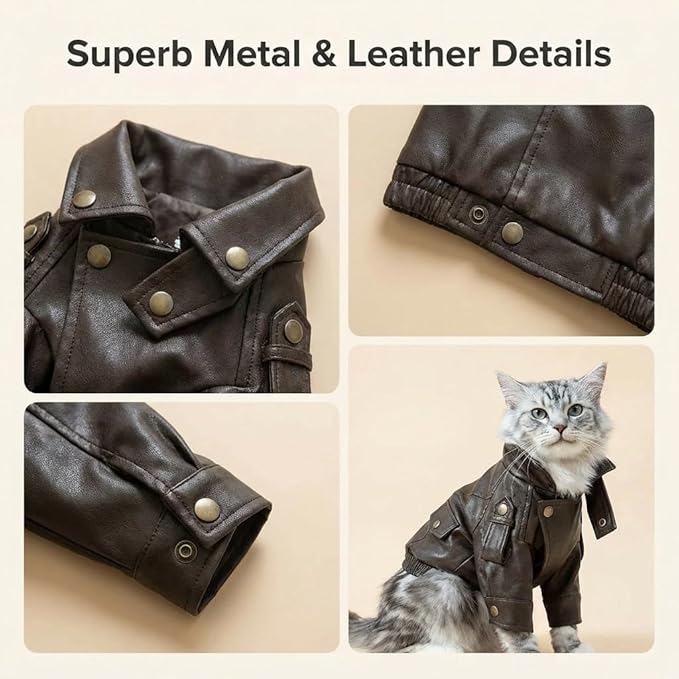 Cat Leather Jacket Motorcycle Style Pet Coat with Metal Buttons Shoulder Straps for Cats Small Dogs Warm Fall Winter Outfit (S)