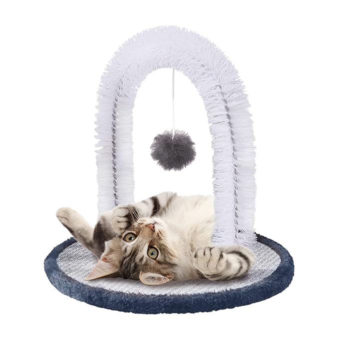 Cat Arch Self Groomer with Cat Toy Ball Cat Arch Scratcher Cat Hair Brush Cat Brush Arch Grooming Supplies Kitten Hair Massaging Brush with Dangling Ball