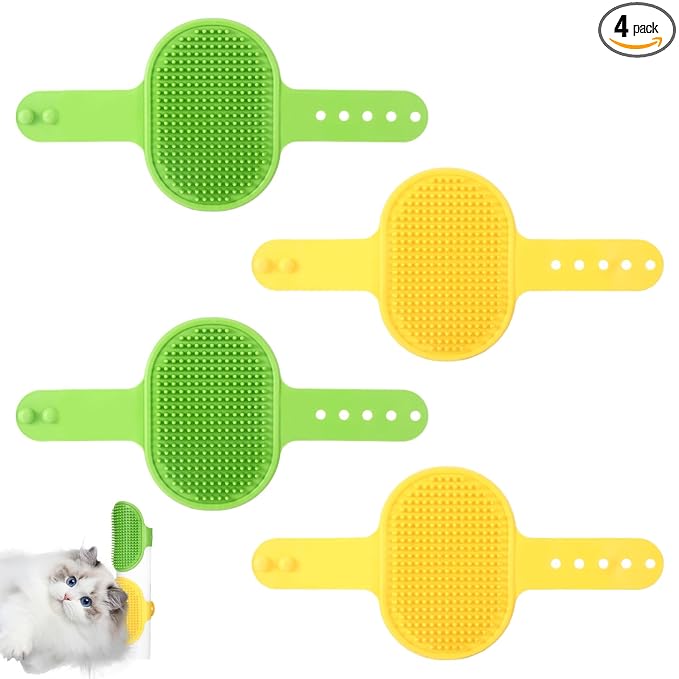 4Pcs Adjustable Cat Self Groomer, Silicone Cat Brushes for Indoor Cats Grooming Self Cleaning, Cats Face Scratchers Massager for Corner Scratcher, Pet Supplies (Green & Yellow)
