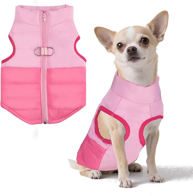 Winter Dog Coat with Leash Ring, Warm Jackets Puppy Cold Weather Coats Pet Clothes Cat Outfits for Small Dogs (Pink+Rosered, Small)