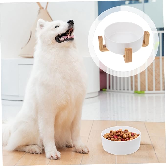 Practical Elevated Dog Bowl Ceramic Cat Feeding Watering Supplies Structure Non-Slip Wooden Shelf