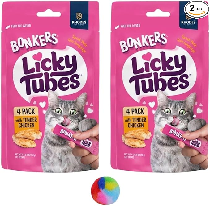 Bonkers Licky Tubes, Wet Lickable Tube Tender Chicken Flavor Cat Treats, Real Meat, Training or Food Topper 2 Pak (8 Tubes) Plus 1 Cat Pom Pom Balls Toy - Product Packaging May Vary