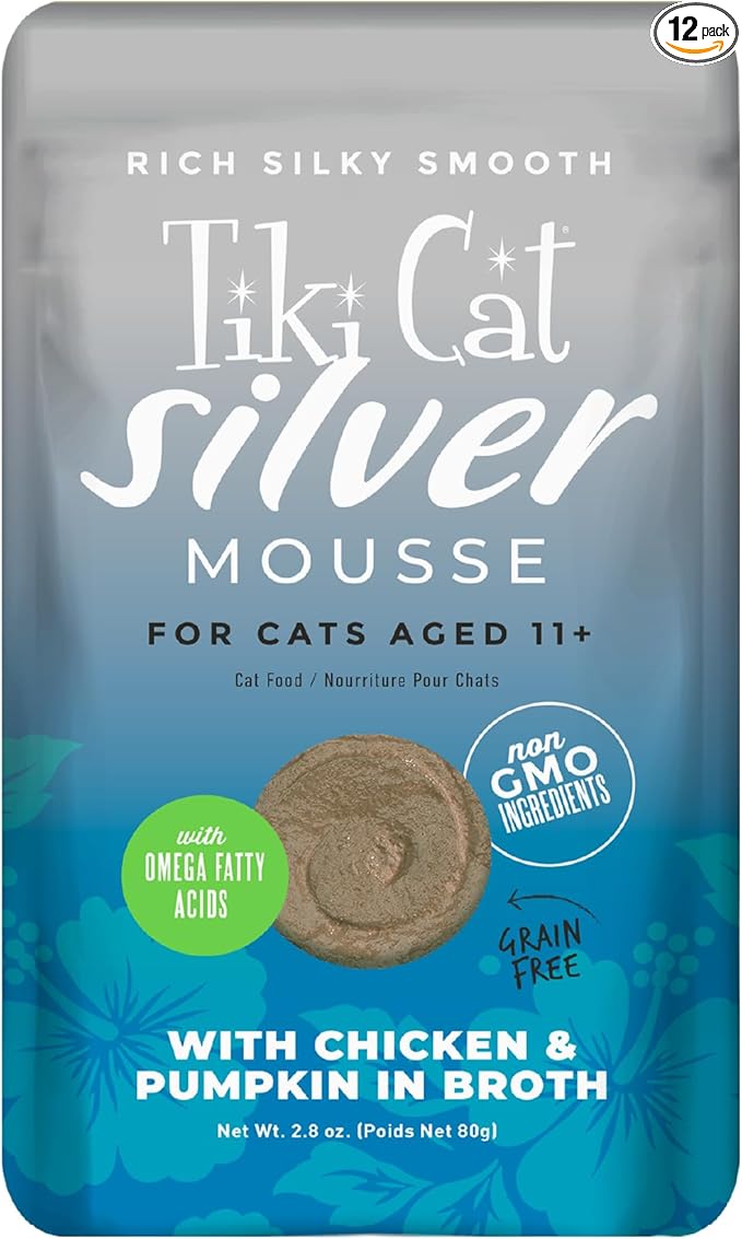 Tiki Cat Silver Mousse Wet Cat Food for Seniors, Chicken & Pumpkin, 2.8 oz. Pouch (12 Count)
