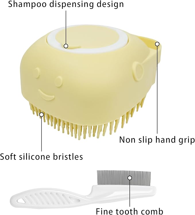 Pet Bath Massage Brush,Pet Bath Brush with Shampoo Dispenser,with Dog Grooming Comb,Suitable for Long and Short haired Dogs and Cats(Yellow)