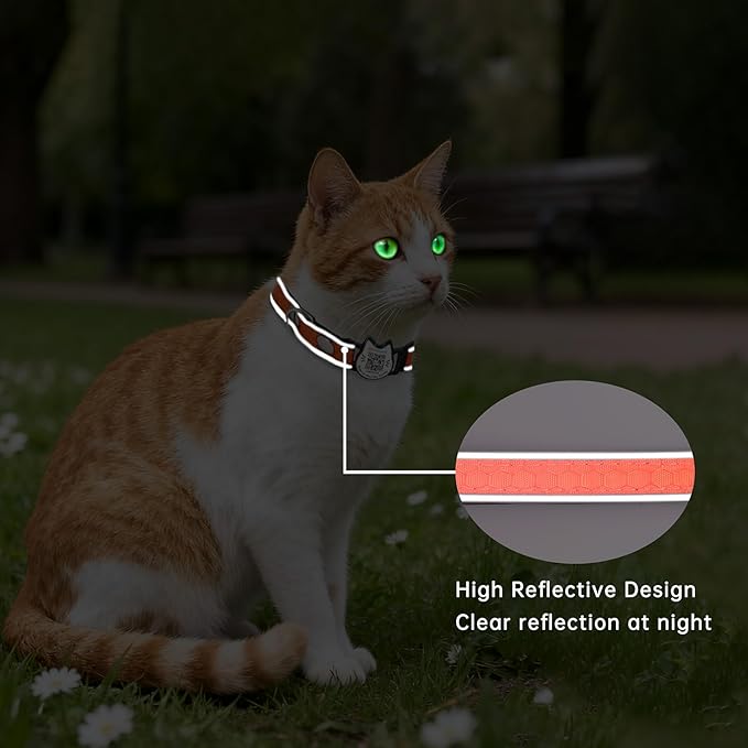 Cat Collar with Bells Reflective Cat Collars Breakaway with Oxford Cloth Soft Padding Adjustable Kitten Collar with QR Code（Orange）