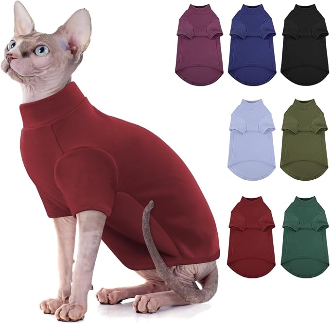 Turtleneck Sweater for Cat, Sphynx Hairless Cats Shirt Sweaters with Sleeves, Warm and Soft Kitten Pullover Fleece Winter Pajamas Jumpsuit for Puppy, Burgundy S
