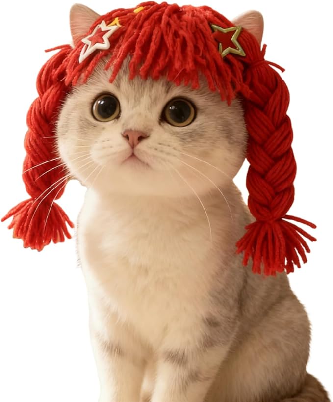 Cat Wig for Small Dogs & Pets, Cute Braided Yarn Costume, Funny Birthday Outfit Clothes, Soft Lightweight Accessory for Photos, Party Props and Daily Wear (Red)
