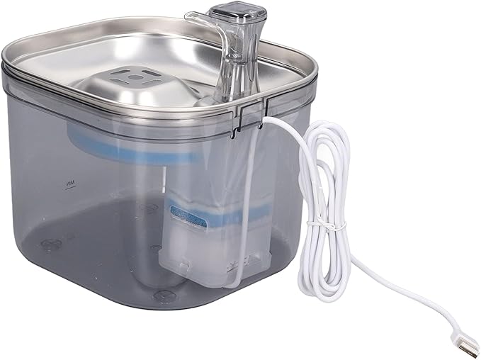 Focket Pet Water Fountain, Automatic Stainless Steel Cat Water Fountain Dog with Ultra Quiet Pump Filter Visible Level Non Slip Base for Cats Dogs Multiple Pets