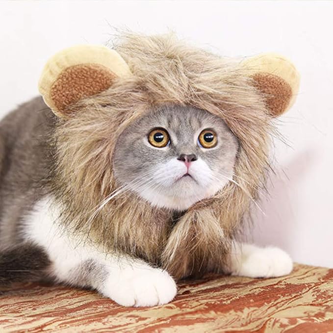 Halloween Cat Lion Mane Wig Costume Christmas Little Dog Lion Hair Adjustable Washable Funny Pet Puppy Dress Up Hat Cute Kitten Kitty Hair Mane with Ears for Holiday Photo Shoots Cospaly Party Size L