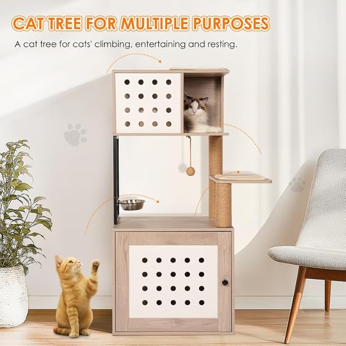 All-in-one Cat Tree with Litter Box Enclosure, Modern Indoor Cat Tower with Large Hammock, Comfort Cat Bed, Food Station and Scratching Posts, Stylish Pet Furniture for Home Decor