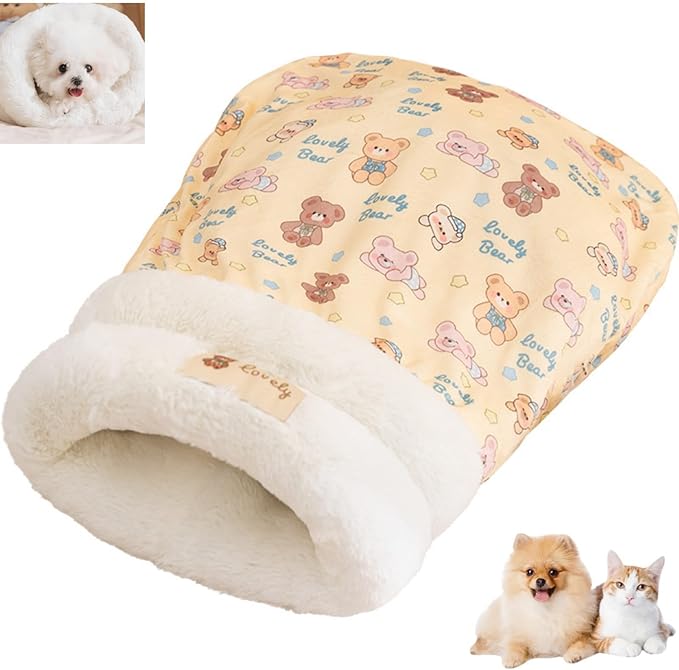 Cat Sleeping Bag for Indoor Cats, Cozy Pet Nest for Cats, Fluffy Cat Bed Cave for Small Dog Cat, Self Warming Winter Pet Sleeping Bags for All Seasons Indoors (Brown A)